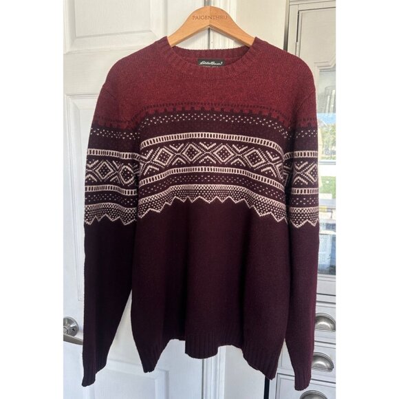 VTG Eddie Bauer Men's Large Tall Red Nordic Wool Sweater Crewneck - Picture 1 of 6